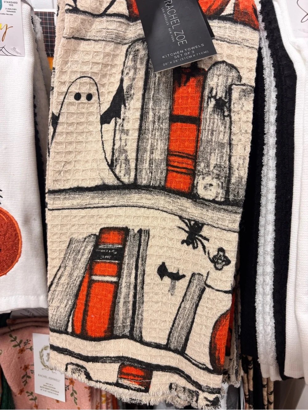 Rachel Zoe Cream, Orange & Black Halloween Ghost & books Kitchen Towel